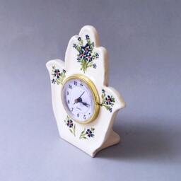 Hamsa Clock, Table Desk White Ceramic Shelf Retro Style Clock, Vintage Blue Flowers Hamsa, Handmade - thumbnail 3