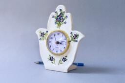 Hamsa Clock, Table Desk White Ceramic Shelf Retro Style Clock, Vintage Blue Flowers Hamsa, Handmade