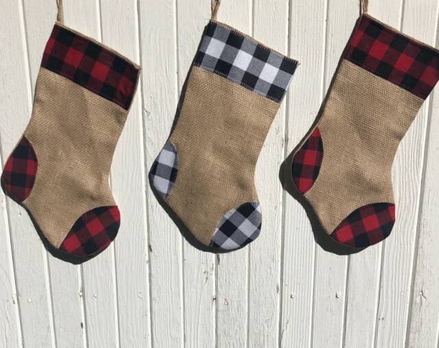 Buffalo Plaid & Burlap Christmas Stocking - Red/Black & Black/White Check - Natural Burlap-Cotton Flannel-Farmhouse-Holiday Decor - image 1