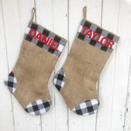 Buffalo Plaid & Burlap Christmas Stocking - Red/Black & Black/White Check - Natural Burlap-Cotton Flannel-Farmhouse-Holiday Decor - thumbnail 4