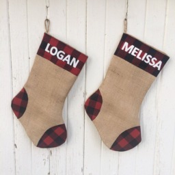 Buffalo Plaid & Burlap Christmas Stocking - Red/Black & Black/White Check - Natural Burlap-Cotton Flannel-Farmhouse-Holiday Decor - thumbnail 3