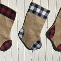 Buffalo Plaid & Burlap Christmas Stocking - Red/Black & Black/White Check - Natural Burlap-Cotton Flannel-Farmhouse-Holiday Decor - thumbnail 2