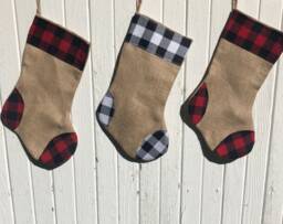 Buffalo Plaid & Burlap Christmas Stocking - Red/Black & Black/White Check - Natural Burlap-Cotton Flannel-Farmhouse-Holiday Decor
