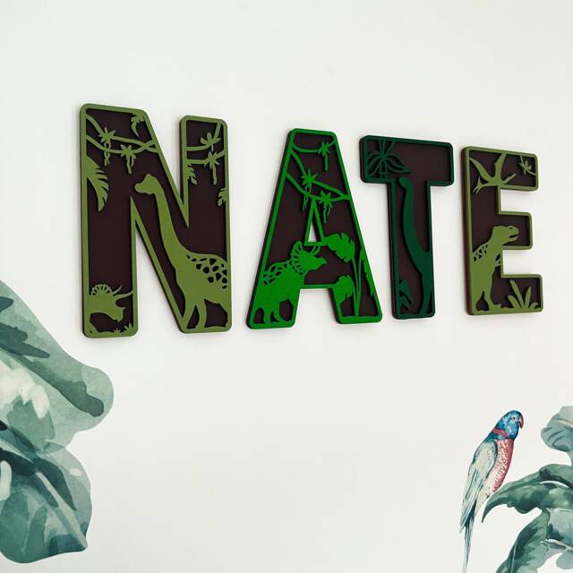 Dinosaur Name Sign - Wooden Dino Letters Personalised Custom Decor Theme Bedroom Wall Art - image 1