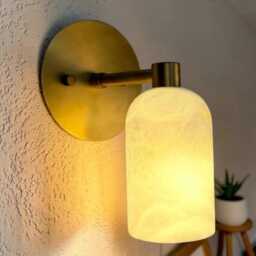 Brass Alabaster Stone Wall Lamp Luxury Mid Century Modern Sconce Handcrafted Marble Light Transitional Square - thumbnail 2