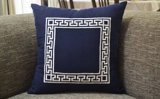 Greek Key Pillow Cover, Navy Greek Pillow, Linen Throw Blue Key Border Pillow - image 1