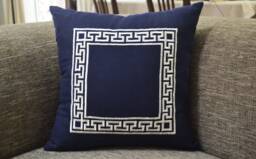 Greek Key Pillow Cover, Navy Greek Pillow, Linen Throw Blue Key Border Pillow - thumbnail 1