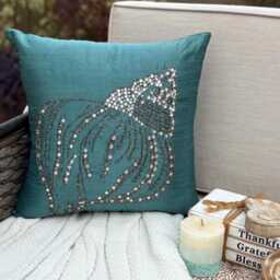 "Teal Blue Art Silk Crystal & Bead Embroidered Throw Pillow Cover, 16""x16"