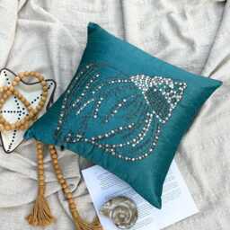 "Teal Blue Art Silk Crystal & Bead Embroidered Throw Pillow Cover, 16""x16" - thumbnail 3