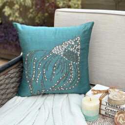 "Teal Blue Art Silk Crystal & Bead Embroidered Throw Pillow Cover, 16""x16" - thumbnail 2