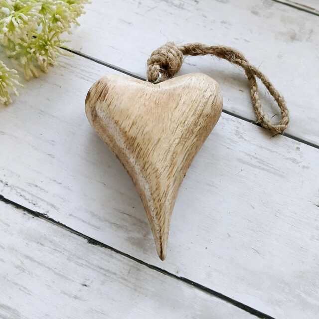 Small Tapered Mango Wooden Hanging Heart Decoration - The Home & Hearts Shop Rustic Shabby Wall Decor Gift Wedding Christmas - image 1
