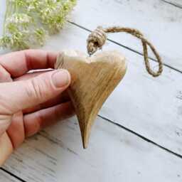 Small Tapered Mango Wooden Hanging Heart Decoration - The Home & Hearts Shop Rustic Shabby Wall Decor Gift Wedding Christmas - thumbnail 2