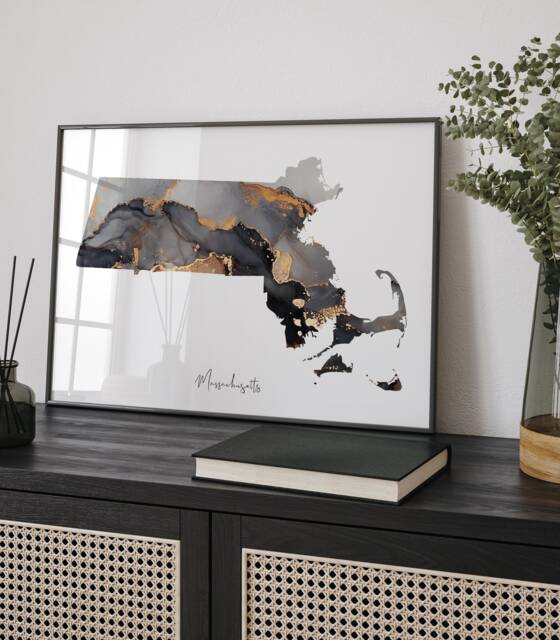Massachusetts Map Black & Gold Wall Art Print Us State - Usa United States Of America - image 1