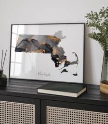 Massachusetts Map Black & Gold Wall Art Print Us State - Usa United States Of America - thumbnail 1