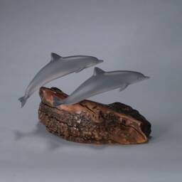 Dolphin Duo Sculpture By John Perry 7In Long Airbrushed On Burlwood Base - thumbnail 2