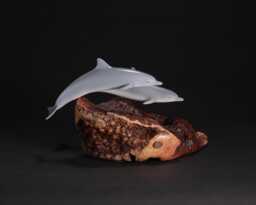 Dolphin Duo Sculpture By John Perry 7In Long Airbrushed On Burlwood Base - thumbnail 1