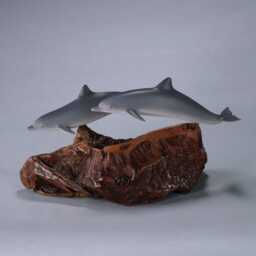 Dolphin Duo Sculpture By John Perry 7In Long Airbrushed On Burlwood Base - thumbnail 4