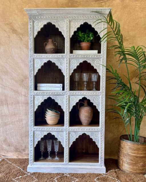 Hand-Carved Mango Wood Bookcase - Cream-Washed Light Natural Finish With Arched Shelves - image 1