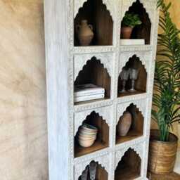 Hand-Carved Mango Wood Bookcase - Cream-Washed Light Natural Finish With Arched Shelves - thumbnail 3
