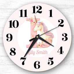 Pink Unicorn Alphabet Letter L Personalised Gift Clock - thumbnail 1