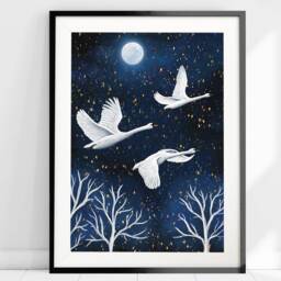 A3 A4 A5 Original Art Print - Spiritual Spirit Guide Art Flying Swans Blue Fantasy Poster Enchanted Moon - thumbnail 2