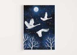 A3 A4 A5 Original Art Print - Spiritual Spirit Guide Art Flying Swans Blue Fantasy Poster Enchanted Moon - thumbnail 1