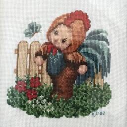 Completed Rooster Baby Cross Stitch - Colorful Farm Animal Handmade Wall Art, Gift - thumbnail 2