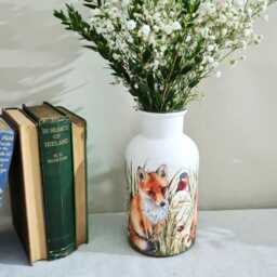 Country Fox & Robin Glass Vase, Autumn Wildlife Home Decor Gift, Hand Decorated - thumbnail 3