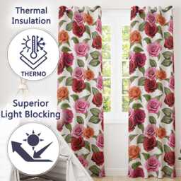 Bold Colorful Rose Flowers Seamless Pattern Light Grey Background Readymade Eyelet Ring Top Thermal 100% Blackout Curtains - thumbnail 3