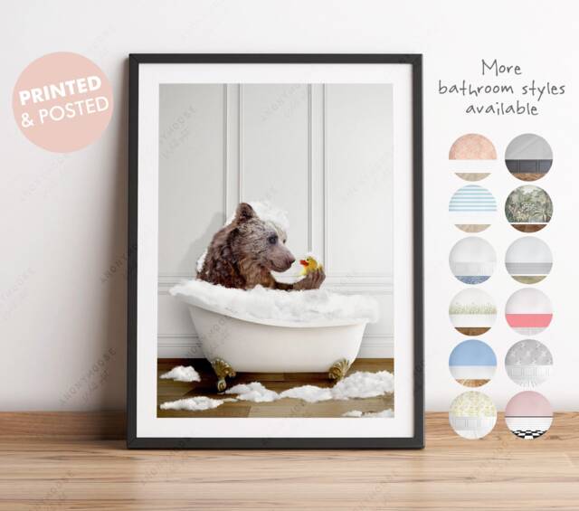 Bear Looking At Duck in A Bath Print, Bathing, Funny Bathroom Animal Bathtub, Tub Whimsy - image 1