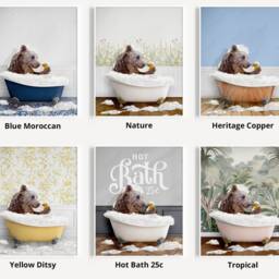 Bear Looking At Duck in A Bath Print, Bathing, Funny Bathroom Animal Bathtub, Tub Whimsy - thumbnail 3