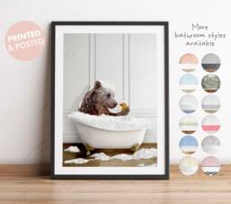 Bear Looking At Duck in A Bath Print, Bathing, Funny Bathroom Animal Bathtub, Tub Whimsy - thumbnail 1