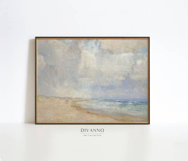 French Seascape Canvas, Coastal Art Print, Beach House Wall Decor, Aesthetic Sea Storm Printable Poster, Weathered Painting, Digital - image 1