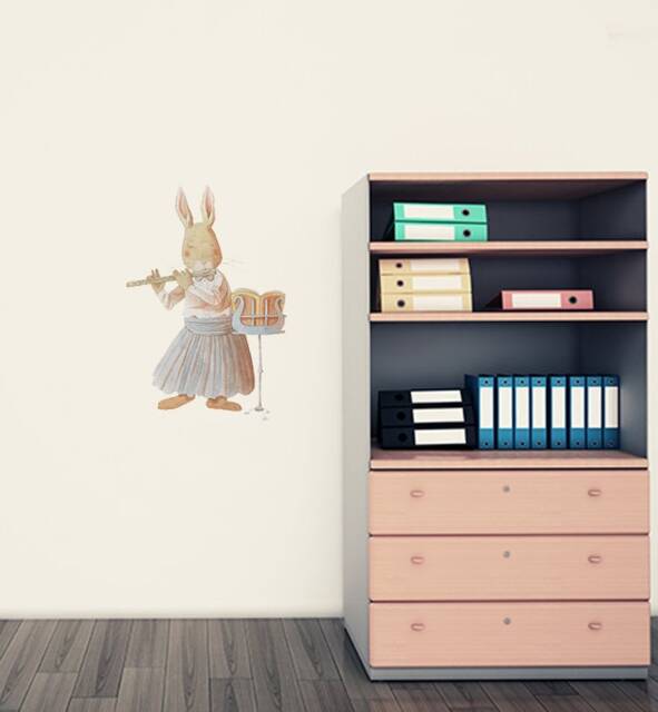Rabbit Learning Flute Wall Sticker Decal - Kids Stickers, Animals Childrens Decals, Art, Room, Girl, Boy