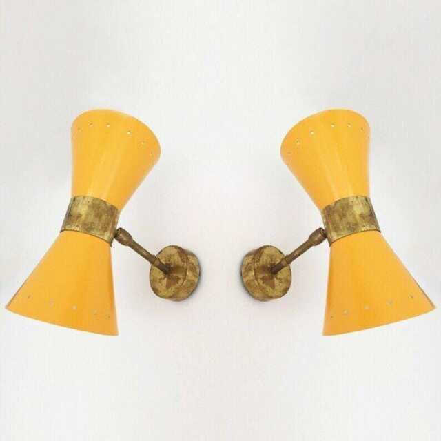 Vintage Italian Wall Sconces, Yellow Metal Brass Accent, Mid-Century Modern Lighting, Pair - image 1