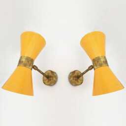 Vintage Italian Wall Sconces, Yellow Metal Brass Accent, Mid-Century Modern Lighting, Pair - thumbnail 1
