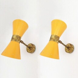 Vintage Italian Wall Sconces, Yellow Metal Brass Accent, Mid-Century Modern Lighting, Pair - thumbnail 2