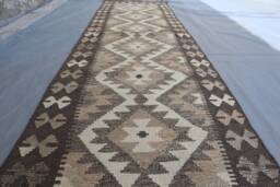 Short Afghan Kilim Rug 2x7 Ft, Geometric Flatweave Handmade Wool Rug, Natural Dyes Oriental Vintage Ethnic Kitchen Hallway Runner - thumbnail 1