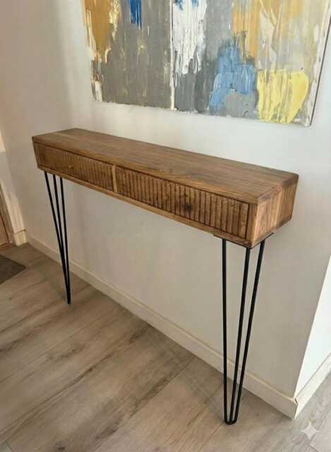 Handmade Solid Walnut Stained Console Table Grooved Front, Hairpin Legs - image 1