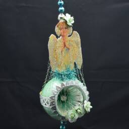 Vintage Christmas Ornament With Dresden Trims, Victorian Die Cuts & Mercury Glass Beads - thumbnail 2