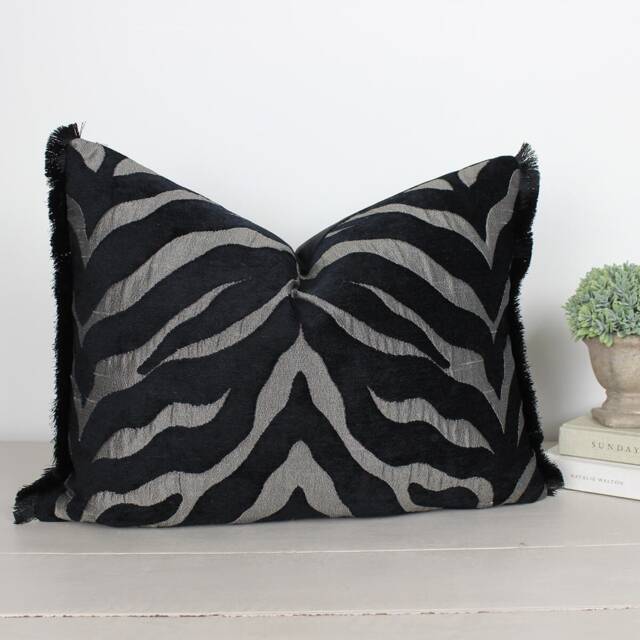 "Limpopo Silver & Black Zebra Cushion With Fringe 18"" X 14"