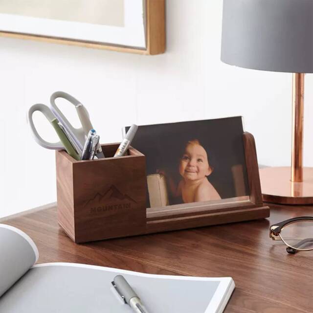 Personalized Pen Holder Photo Frame, Wood Desk Organizer With Phone Stand, Pencil Cup, Custom Office Organizer, Gift For Graduation, Team - image 1