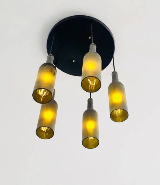 5 Frosted Wine Bottle Industrial Light Fixture - Round Chandelier For Home Bar Restaurant - image 1
