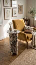 Calacatta Marble Side Table 24.5Inc Handmade Round Accent 10Inc Luxury Stone Pedestal Table, Minimalist End Viola Sty
