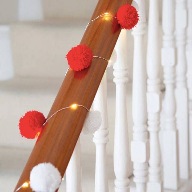 Christmas Pom String Lights // Red & White /20 Led Lights/Party Decorations/Tree Lights/Dinner Table/Mantlepiece/Banister/Centerpiece - image 1