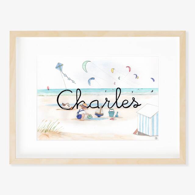 Customizable Baby Name Illustration, Customizable Watercolor Painting, Children's Decoration, Birth Gift, Beach Games, Sea - image 1