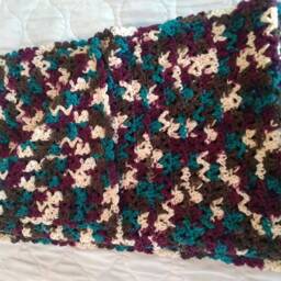 Crochet Afghan in White, Wine, Turquoise & Brown-Crochet Lapghan-Wine, Teal, Brown Off White-Travel Throw - thumbnail 3