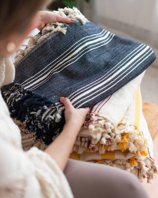 Navy Cotton Throw Blanket, King Queen Bedspread, Summer Bed Cover, Boho Oversize Large Soft Bedding Blanket - image 1
