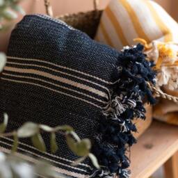Navy Cotton Throw Blanket, King Queen Bedspread, Summer Bed Cover, Boho Oversize Large Soft Bedding Blanket - thumbnail 3