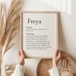 Freya Name Meaning Print, Norse Origin Wall Art, Baby Girl Gift, Personalised Definition Poster, Nursery Decor - thumbnail 1